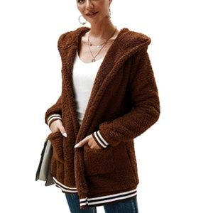 Stripe Trim Hooded Teddy Coat Fauxs Fur Jacket